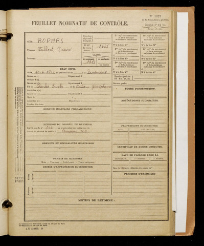 Ropars, Fulbert Désiré, né le 10 avril 1893 à Boismont (Somme), classe 1913, matricule n° 1425, Bureau de recrutement d'Amiens