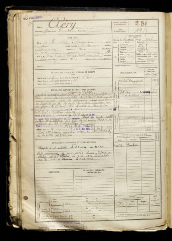 Cléry, Maurice Raymond Pascal Isidore, né le 16 mai 1901 à Famechon (Somme), classe 1921, matricule n° 281, Bureau de recrutement d'Amiens