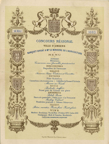 14 mai 1883 - Concours Régional - Ville d'Amiens : Banquet offert à Mr le Ministre de l'Agriculture