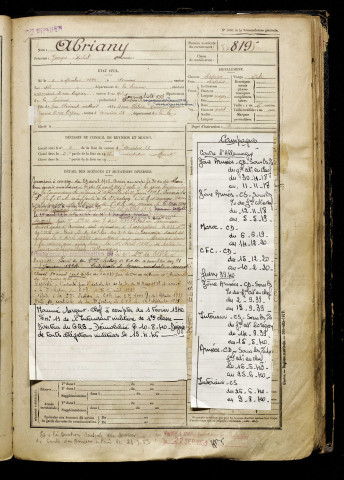 Abriany, Georges Michel, né le 09 novembre 1899 à Amiens (Somme), classe 1919, matricule n° 819, Bureau de recrutement d'Amiens