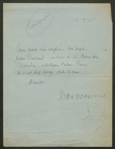 Témoignage de Deauville, Max (Médecin et écrivain belge) et correspondance avec Jacques Péricard