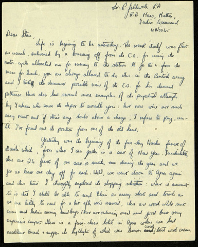 Lt R. Goldwater RA, RA Mess MUTTRA, India Command, 4 Nov. 45 : lettre de Raymond Goldwater à son frère Stan