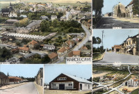 Panorama de vues du village : l'hôtel de ville, la rue Neuve, la salle des fêtes, la rue Foraine, la gare