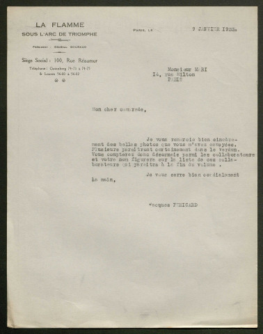 Témoignage de Mari, A. (Président de l'Association d'Anciens Combattants Français de la ville de Gand et environs) et correspondance avec Jacques Péricard