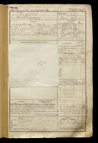 Bigand, Albert Emile Gaston Louis, né le 01 juillet 1897 à Étaples (Pas-de-Calais), classe 1917, matricule n° 547, Bureau de recrutement d'Amiens