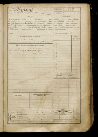 Bigand, Alphonse Charles, né le 02 février 1889 à Amiens (Somme), classe 1909, matricule n° 137, Bureau de recrutement d'Amiens