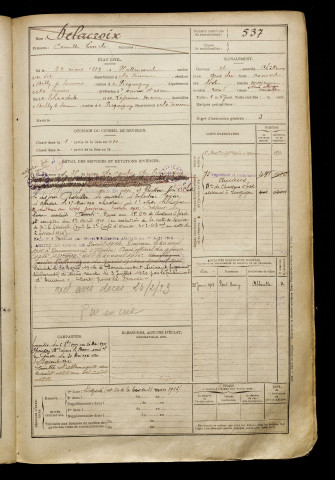 Delacroix, Camille Emile, né le 22 mars 1889 à Hallencourt (Somme), classe 1909, matricule n° 537, Bureau de recrutement d'Amiens