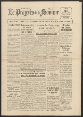 Le Progrès de la Somme, numéro 22718, 21 juillet 1942
