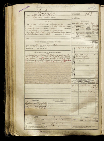 Dolique, Victor Mary Alexandre, né le 05 mars 1895 à Monchy-sur-Eu (Seine-Maritime), classe 1915, matricule n° 753, Bureau de recrutement d'Abbeville