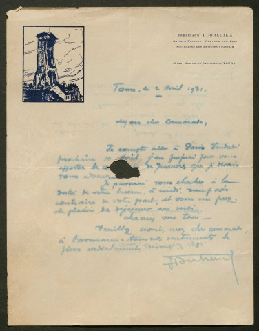 Témoignage de Dubreuil, Ferdinand et correspondance avec Jacques Péricard