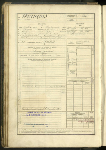 François, Henri Jules, né le 19 mai 1860 à Harbonnières (Somme, France), classe 1880, matricule n° 526, Bureau de recrutement de Péronne