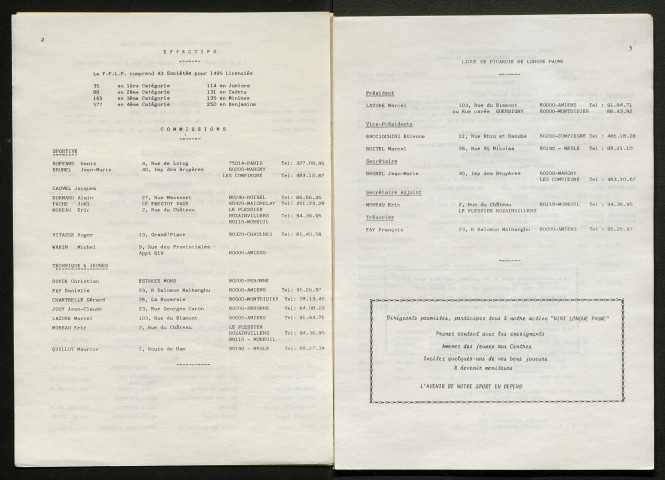 Opuscule (année 1984). Fédération française de Longue Paume : liste des sociétés, classement des joueurs et calendrier