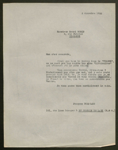 Témoignage de Morin, Henri (Téléphoniste) et correspondance avec Jacques Péricard