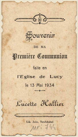 La Cène. Souvenir de première communion de Lucette Hallier faite en l'église de Lucy le 13 mai 1934