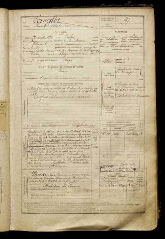 Langlet, Franck Albert, né le 01 mars 1884 à Ercheu (Somme), classe 1904, matricule n° 97, Bureau de recrutement de Péronne