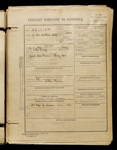 Sellier, Gaston Sosthène Michel, né le 01 juin 1891 à Coisy (Somme), classe 1911, matricule n° 1444, Bureau de recrutement d'Amiens