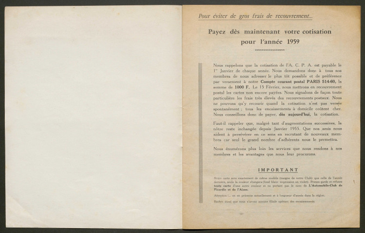 L'Automobile au Pays Picard. Revue de l'Automobile et du Tourisme. Organe officiel de l'Automobile-Club de Picardie et de l'Aisne, 394, janvier 1959