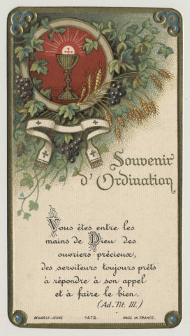 Souvenir d'ordination. Calice et hostie