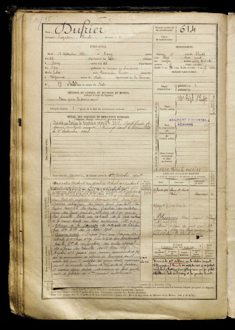 Dufrier, Augustin Emile, né le 13 septembre 1885 à Mouy (Oise), classe 1905, matricule n° 614, Bureau de recrutement de Péronne