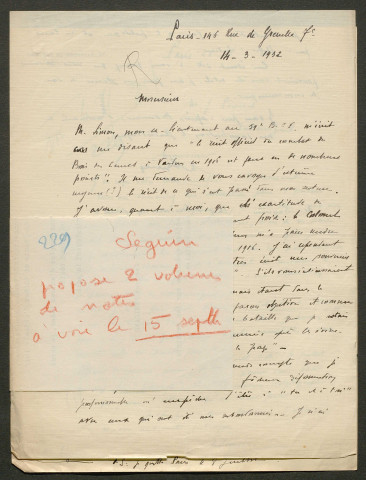 Témoignage de Séguin (Chef d'escadron) et correspondance avec Jacques Péricard