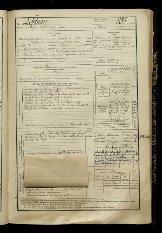 Lefebvre, Eugène Achille Joseph, né le 22 juin 1876 à Achiet-le-Petit (Pas-de-Calais), classe 1896, matricule n° 937, Bureau de recrutement de Péronne