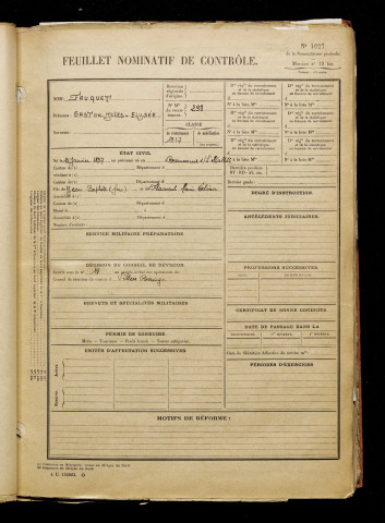 Fauquet, Gaston Jules Elysée, né le 13 janvier 1897 à Beaucourt-sur-l'Hallue (Somme), classe 1917, matricule n° 298, Bureau de recrutement d'Amiens