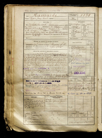 Hamaide, Roger Jean Emile, né le 21 septembre 1899 à Épernay (Marne), classe 1919, matricule n° 1138, Bureau de recrutement d'Amiens