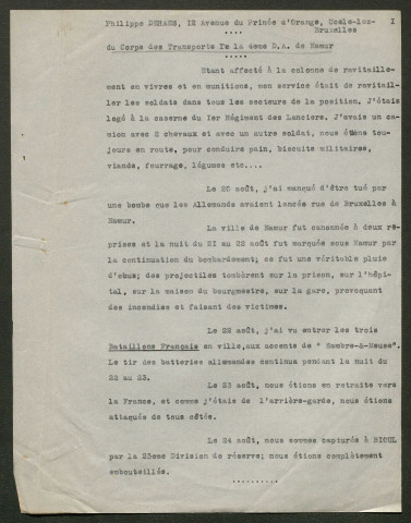 Témoignage de Dehaes, Philippe et correspondance avec Jacques Péricard