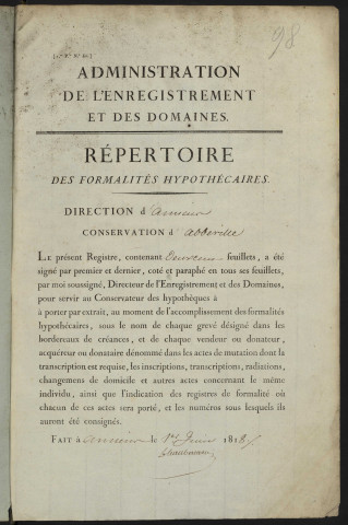 Répertoire des formalités hypothécaires, du 22/10/1818 au 07/01/1819, registre n° 098 (Abbeville)
