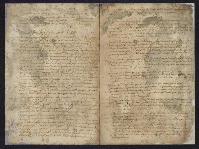 Lettre de commission des sieurs Courtin et de Miannay comme commissaires départis à l'application de l'édit de Nantes en Picardie (22 septembre 1664 ; copie, s.d.). Extrait des registres du Conseil d'Etat (18 septembre 1664)