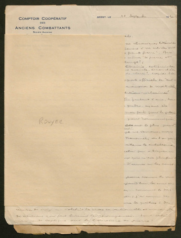 Témoignage de Rouyer (Directeur du Comptoir Coopératif des Anciens Combattants) et correspondance avec Jacques Péricard