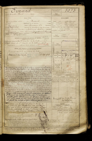 Evrard, Emile Paul, né le 05 juillet 1885 à Breteuil (Oise), classe 1905, matricule n° 1073, Bureau de recrutement d'Amiens