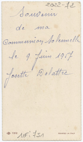 Le Christ donnant la communion à une jeune fille. Souvenir de communion solennelle de Josette Delattre faite le 9 juin 1957