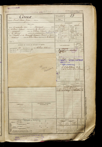 Caux, Marcel Pierre Jean, né le 26 novembre 1900 à Airaines (Somme), classe 1920, matricule n° 15, Bureau de recrutement d'Amiens