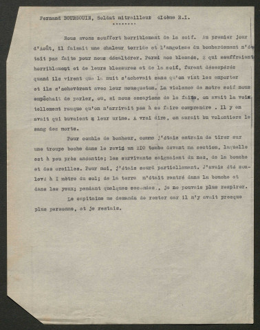 Témoignage de Bourgoin, Fernand et correspondance avec Jacques Péricard