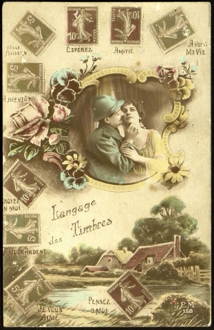 Carte postale "le langage des timbres" adressée par Emile Sueur (1886-1948) à Julienne Colard (1887-1974) et sa fille Reine