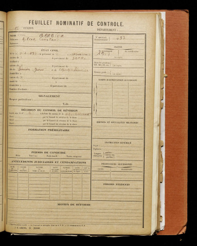 Barbier, Alfred Constant, né le 05 janvier 1897 à Épaumesnil (Somme), classe 1917, matricule n° 437, Bureau de recrutement d'Abbeville