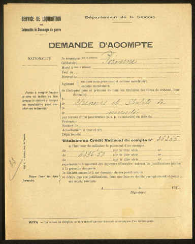 Péronne. Demande d'indemnisation des dommages de guerre : dossier Ville de Péronne (Chalets de nécessité et urinoirs)