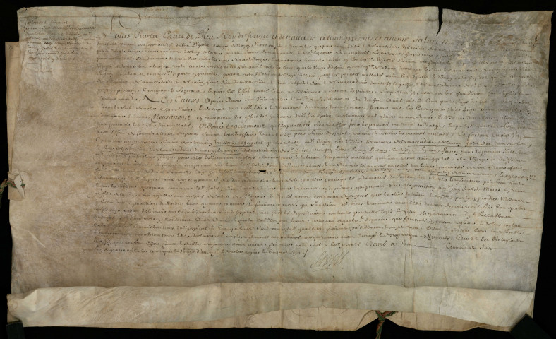 Lettres patentes de Louis XIV ordonnant l'union des biens et revenus de diverses maladreries et hotels-Dieu à l'hôpital qui sera rétabli à Athies