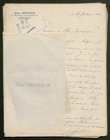 Témoignage de Hendoux, Jean et correspondance avec Jacques Péricard