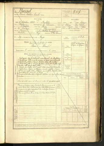 Basset, Denis Arthur Emile, né le 9 octobre 1862 à Balâtre (Somme, France), classe 1882, matricule n° 357, Bureau de recrutement de Péronne