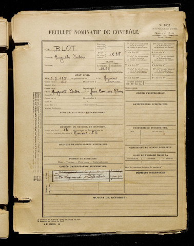 Blot, Auguste Victor, né le 05 juillet 1891 à Amiens (Somme), classe 1911, matricule n° 1235, Bureau de recrutement d'Amiens