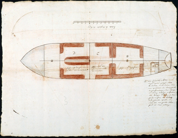 Croquis d'une barque à fond plat "la gribanne", présentée par le Sieur Darras, pour améliorer le transport des voyageurs et des marchandises entre Abbeville et Amiens