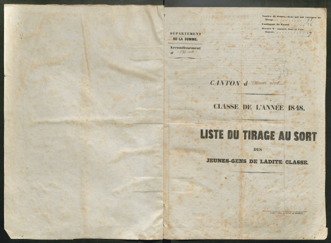 Tirage au sort (arrondissement d'Abbeville) de l'année 1848