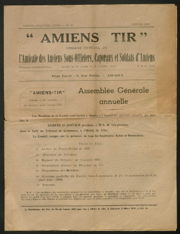 Amiens-tir, organe officiel de l'amicale des anciens sous-officiers, caporaux et soldats d'Amiens, numéro 46 (janvier 1938)