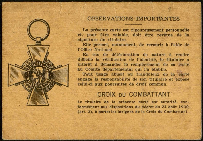 Carte du combattant n° 330829, valable du 10 septembre 1935 au 10 septembre 1940, délivrée à Joseph Maurice Perzon par le Comité départemental de la Seine