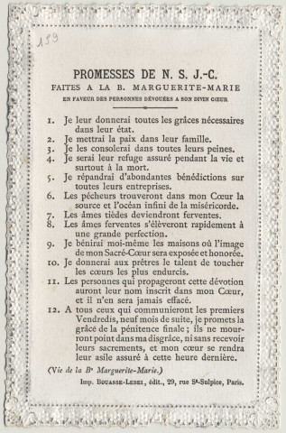 Image pieuse dentelle. Jésus doux et humble de coeur, rendez mon coeur semblable au vôtre. Sacré Coeur de Jésus. Promesses faites par Jésus Christ
