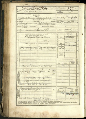 Delargillière, Louis Alphonse, né le 07 avril 1861 à Ressons-sur-Matz (Oise, France), classe 1881, matricule n° 747, Bureau de recrutement d'Amiens