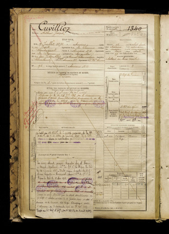 Cuvilliez, Arthur Joseph, né le 09 juillet 1876 à Amiens (Somme), classe 1896, matricule n° 1340, Bureau de recrutement d'Amiens