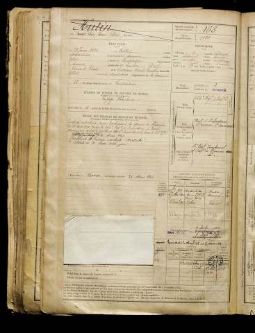 Hutin, Ernest Léon Pierre Elisée, né le 28 juin 1881 à Rollot (Somme), classe 1901, matricule n° 168, Bureau de recrutement de Péronne